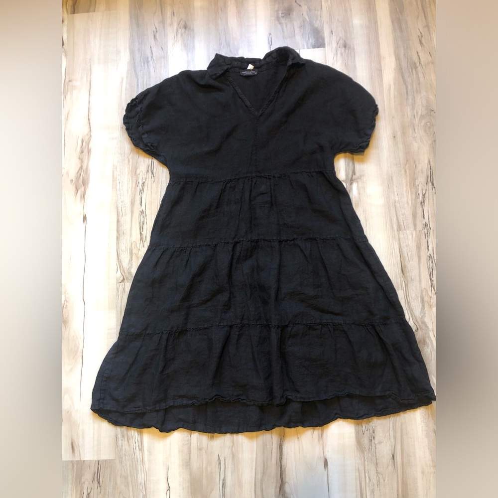 Francesca Bettini 100% Linen Black V-Neck Tiered Mini Dress Made in Italy 22A080